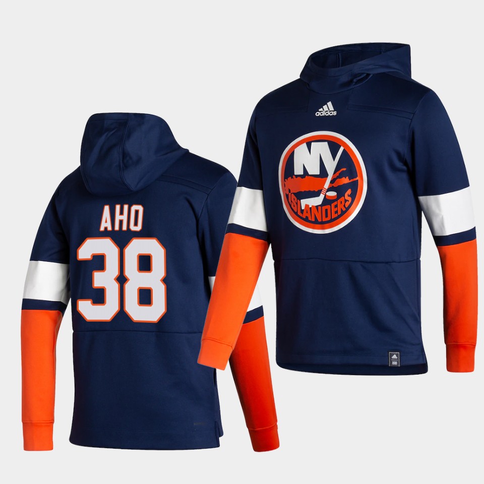 Men New York Islanders 38 Aho Blue NHL 2021 Adidas Pullover Hoodie Jersey